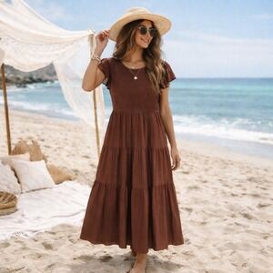 Merokeety Dress Womens XL Brown Smocked Bodice Tiered Maxi Beachy Stretch Boho